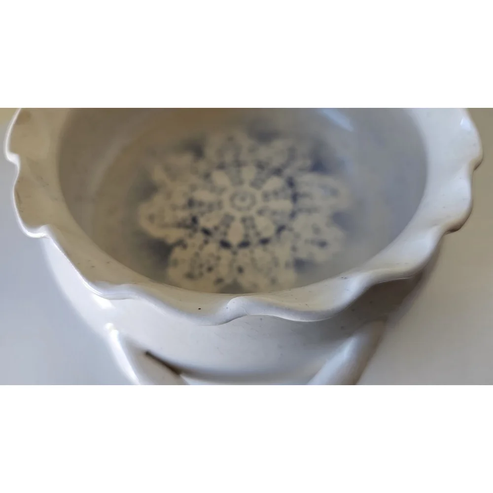 Ruffle Edge Artisan Ceramic Dish With Doily Impression Blue and White Design